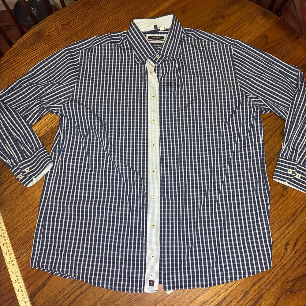 Haupt Evolution Mens XXL 18 Navy‎ Blue White Check Two Ply Button Down Shirt